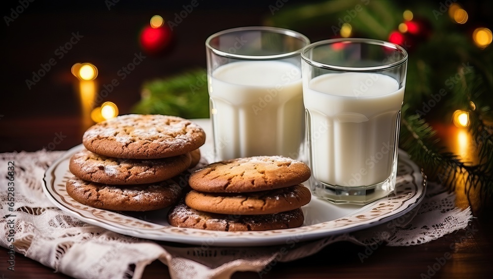 Two glasses of milk and cookies on a wooden table with Christmas decorations Two glasses of milk and cookies on a wooden table with Christmas decorations