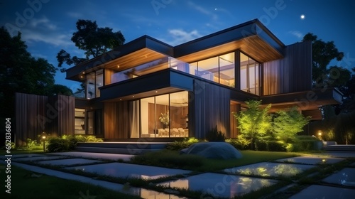 modern cozy house with parking and pool for sale or rent with wood plank facade and beautiful landscaping on background. Clear summer night with many stars on the sky. © Lucky Ai