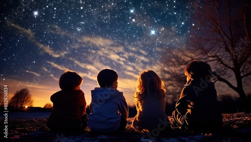 Group of children sitting on the ground and looking at the starry sky