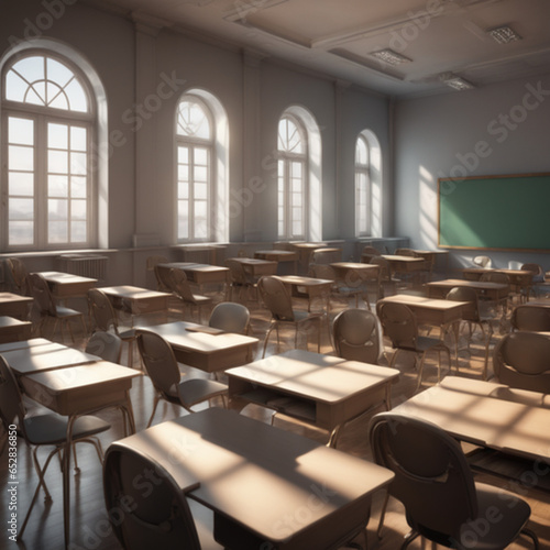 a photograph of an empty classroom during vacations