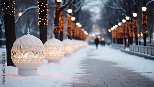 Lanterns on the street in the evening. Winter landscape.