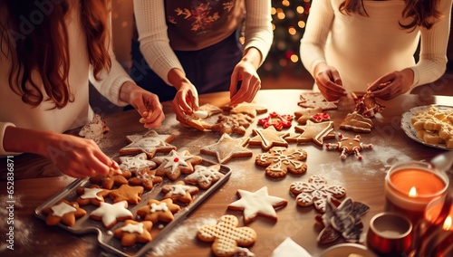 Close up of women decorating christmas gingerbread cookies at home