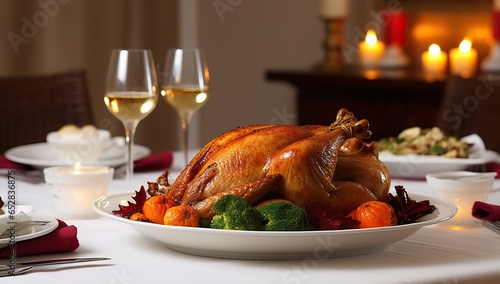 Roasted turkey on a festive table with two glasses of white wine