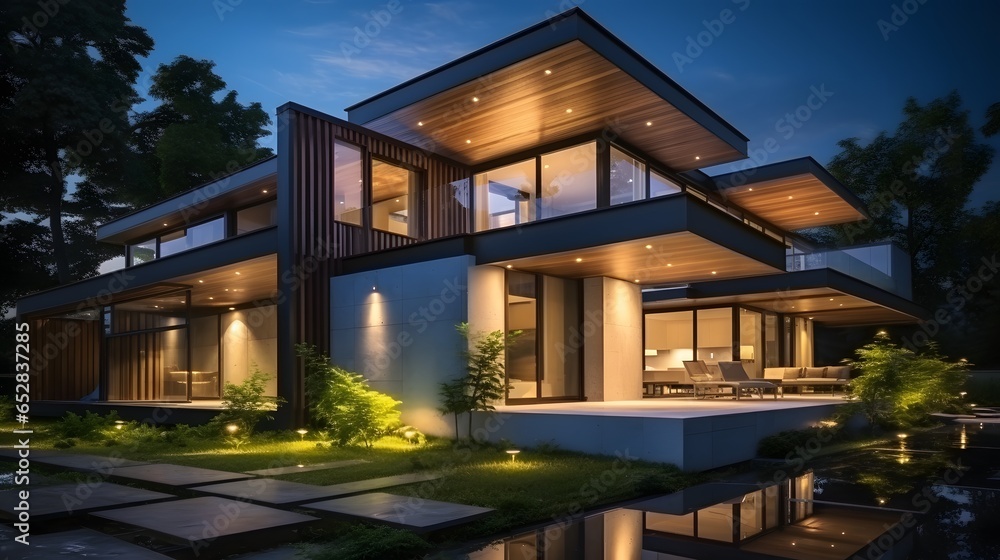 modern cozy house with parking and pool for sale or rent with wood plank facade and beautiful landscaping on background. Clear summer night with many stars on the sky.