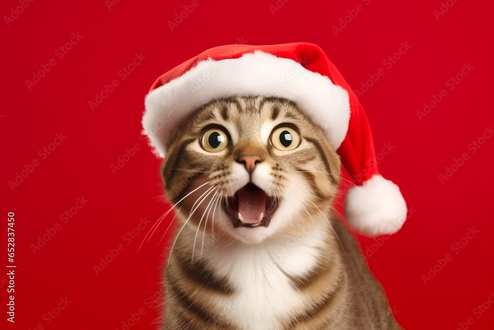 Fototapeta premium Portrait of a cat in a Santa hat with big eyes and an open mouth on a red background.