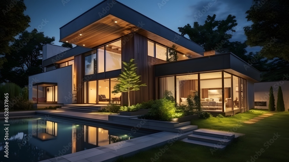 modern cozy house with parking and pool for sale or rent with wood plank facade and beautiful landscaping on background. Clear summer night with many stars on the sky. - obrazy, fototapety, plakaty 