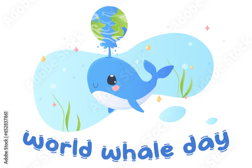 world whale day. Postcard, whale holding the earth. Tshirt print, baby.