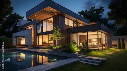 modern cozy house with parking and pool for sale or rent with wood plank facade and beautiful landscaping on background. Clear summer night with many stars on the sky.