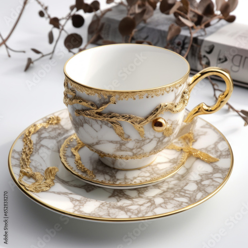 Royal marble square tea cup with golden design in white background " ai generated "