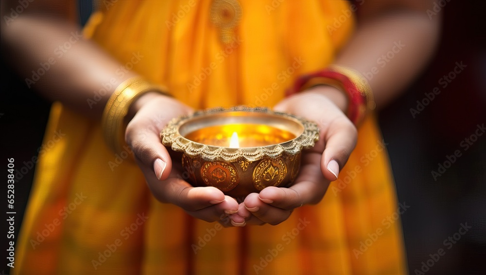 Close up of woman hands holding diwali oil lamp Close up of woman hands holding diwali oil lamp