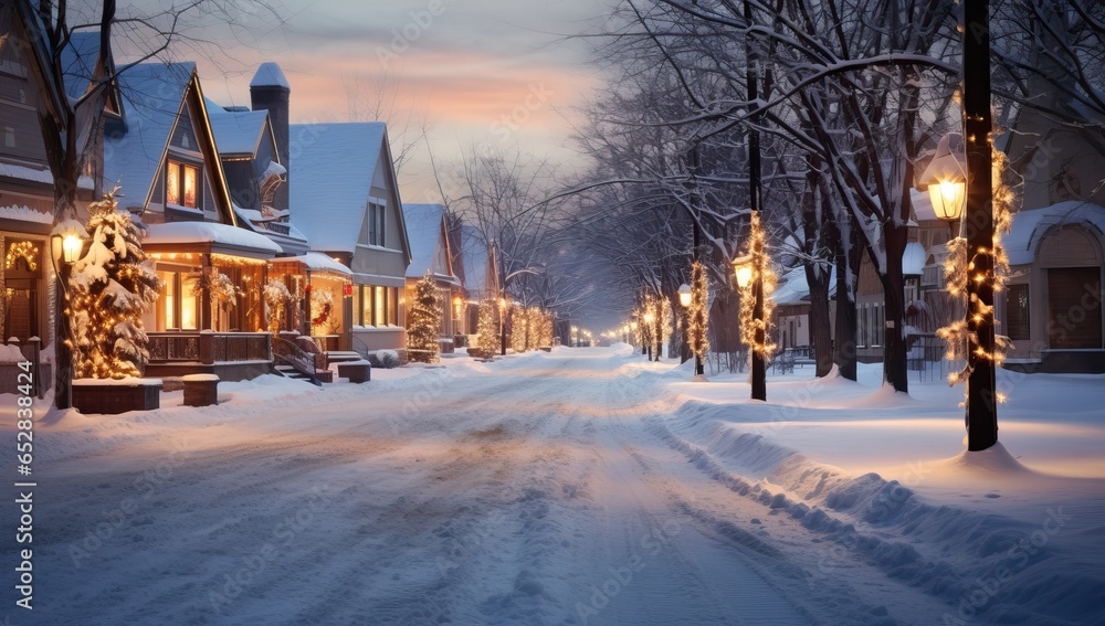 Winter landscape with snow-covered street and houses in the city.