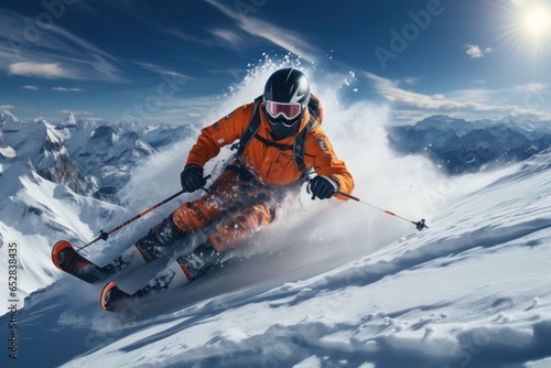 Skier skiing downhill in high mountains during sunny day. Mixed media. Extreme winter sport. 3D illustration. Freeride skier sliding downhill in snow on a dark background