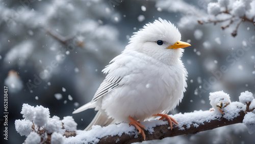 cute fluffy white bird on a branch under the snow in park © Nisit