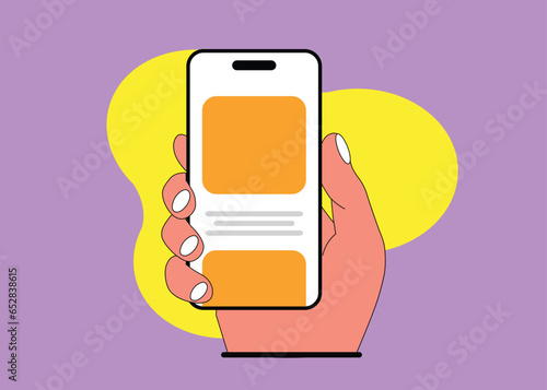 Hand holding smart phone on red background. Flat design