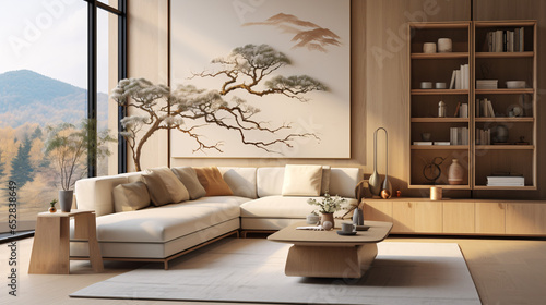 Japandi interior design for a modern living room featuring an elegant sofa, framed artwork, a table, and wall