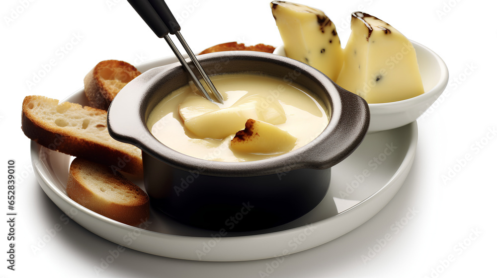 A piece of fresh bread is dipped into the melted cheese for dinner in a cheese fondue. A piece of fresh bread is dipped into the melted cheese for dinner in a cheese fondue.