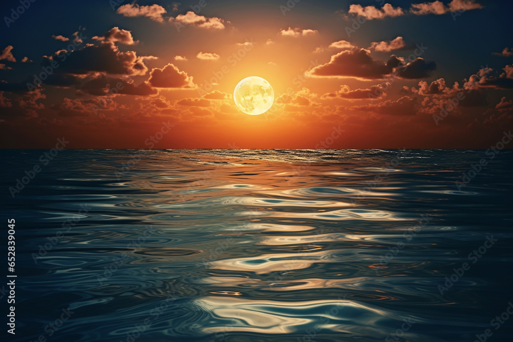 Full moon rising over the ocean, reflecting on the water's surface