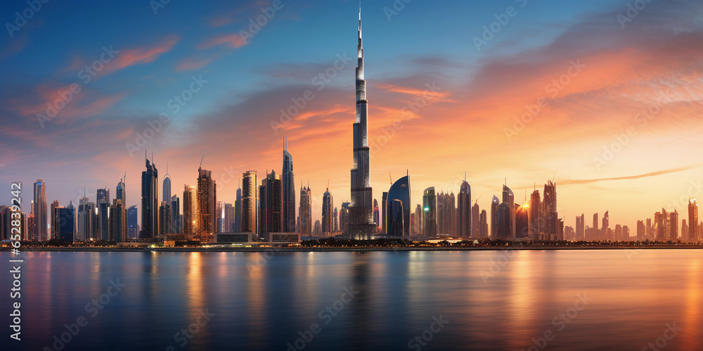 Fototapeta premium Dubai cityscape, ultra - high detail, Burj Khalifa and surrounding skyscrapers, golden sands in the foreground, sunset