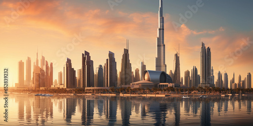 Dubai cityscape, ultra - high detail, Burj Khalifa and surrounding skyscrapers, golden sands in the foreground, sunset