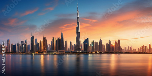 Dubai cityscape  ultra - high detail  Burj Khalifa and surrounding skyscrapers  golden sands in the foreground  sunset