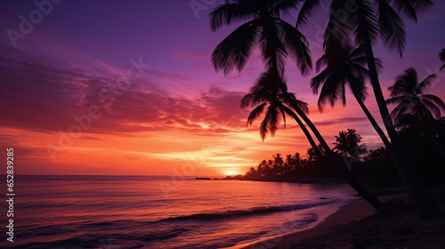 Ocean at golden hour, vibrant orange and purple sky, calm water reflecting the colors, silhouettes of palm trees