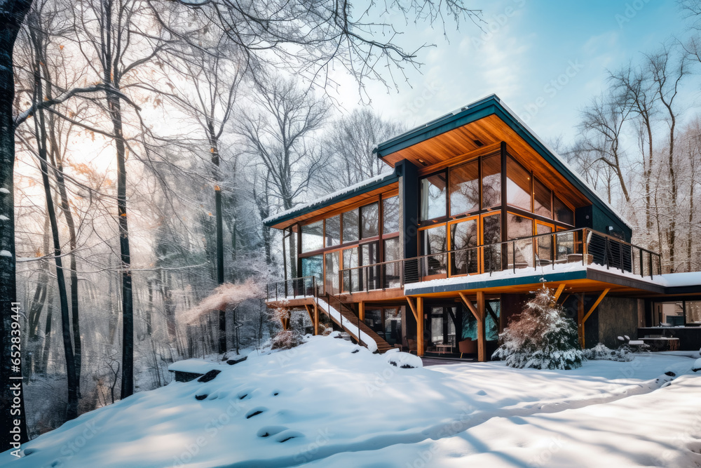 a beautiful large modern wooden house in the middle of the snowy forest on a brightful day