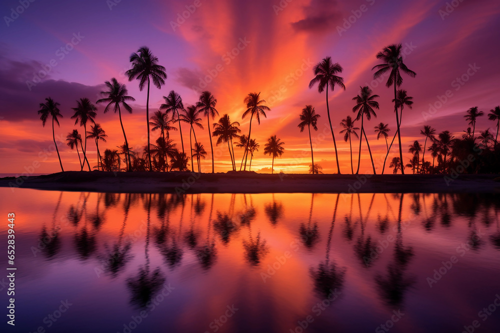 tropical beach sunset, palm trees in silhouette, sun melting into the ocean, saturated purples and oranges