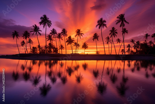 tropical beach sunset  palm trees in silhouette  sun melting into the ocean  saturated purples and oranges