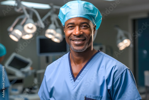 Portrait of a smiling male surgeon or doctor at work in the operating room. 