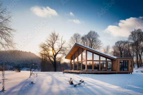 a beautiful modern wooden house in the middle of the snowy campain on a brightful day © Olivier
