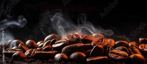 Close up of steaming coffee beans on black backdrop
