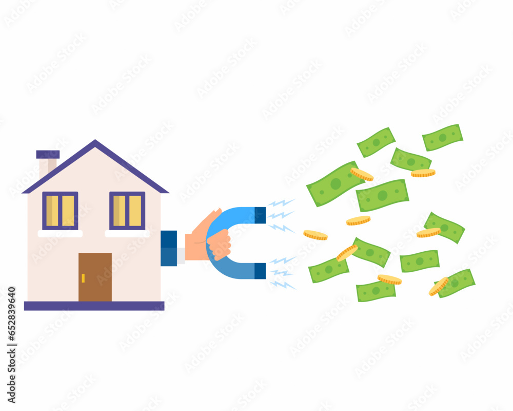 Broker hand with magnet attracting money from a home real estate concept.