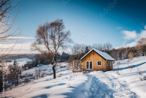 a lovely cottage house in the middle in the snow on a brightful day © Olivier