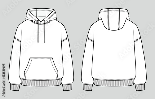 Oversized basic hoodie. Unisex casual clothing. Vector technical sketch. Mockup template.