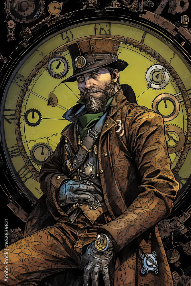 Steampunk Man in Graphic Novel Style. Generative AI. A digital illustration of a steampunk man in a comic book, graphic novel art style. Steampunk Man in Graphic Novel Style. Generative AI. A digital illustration of a steampunk man in a comic book, graphic novel art style.