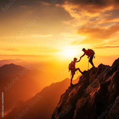 Silhouette of a man and woman climbing on a cliff. 