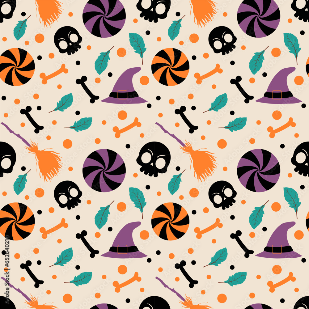 Halloween seamless pattern with halloween skull witch hat and candy
