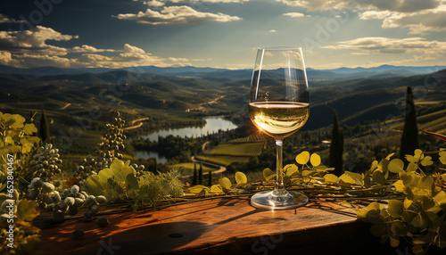 Wineglass on table  sunset over vineyard  nature beauty in winemaking generated by AI