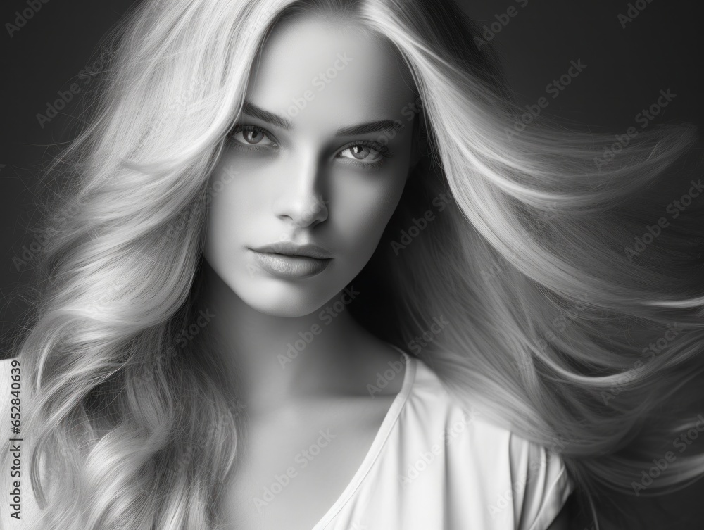 Beautiful young woman with long blonde hair and natural make-up. Fashion portrait of young beautiful woman with long blond hair on black background. Black and white. Beautiful young woman with long blonde hair and natural make-up. Fashion portrait of young beautiful woman with long blond hair on black background. Black and white.