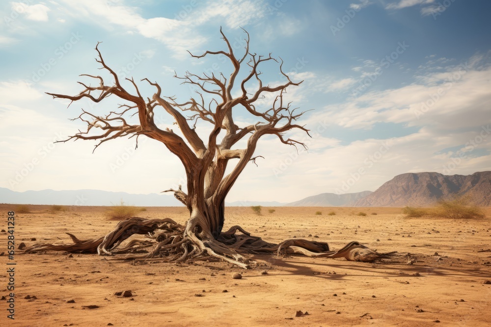 Generative AI Dry cracked land with dead tree and sky in background a concept of global warming. A lonely dry dead tree in the middle of desert grows right out of clay and sand.