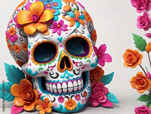 A Colorful Skull With Flowers And Butterflies