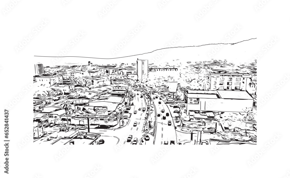 Building view with landmark of San Pedro is the city in Belize. Hand drawn sketch illustration in vector. 