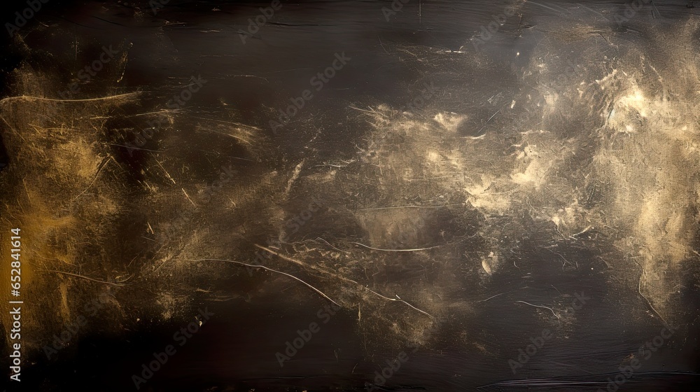 Gold chalk traces on blackboard. Both luxury and grungy background. Shiny golden chalk abstract lines, shapes on black.