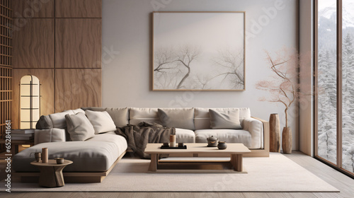 Japandi interior design for a modern living room featuring an elegant sofa, framed artwork, a table, and wall