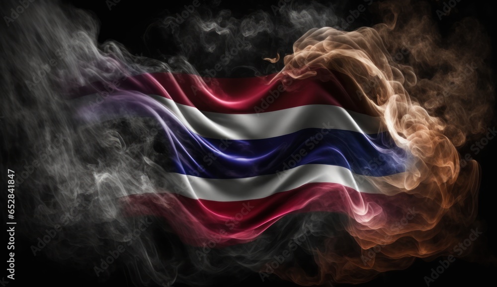 National flag of Thailand made from colored smoke isolated on black background. - obrazy, fototapety, plakaty 