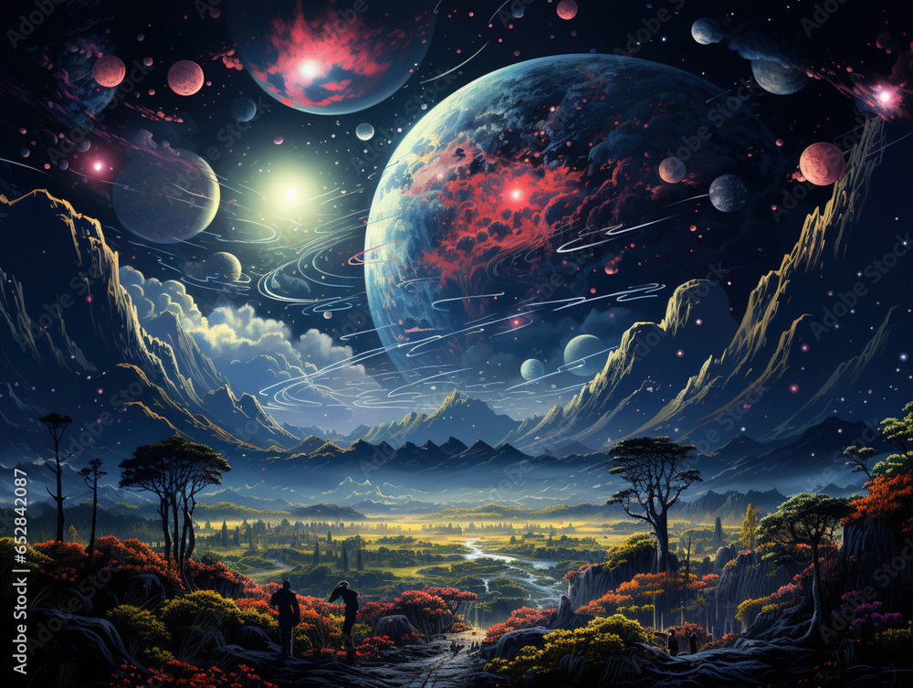 Obraz premium Colorful Retro Risograph Illustration of Another World in Space