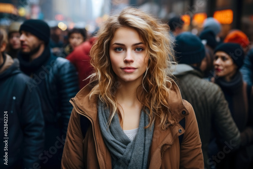Portrait of a beautiful young woman with curly hair, against the background of the crowd.