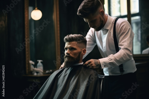 Barber serving a stylish bearded client in a retro barbershop