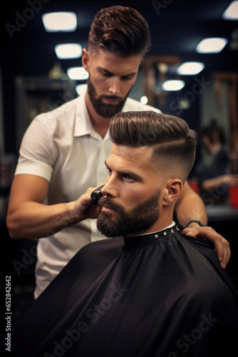 Barber serving a stylish bearded client in a retro barbershop