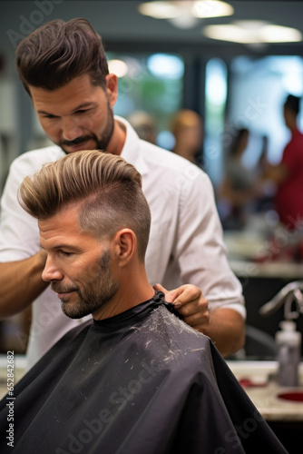 Barber serving a stylish bearded client in a retro barbershop photo